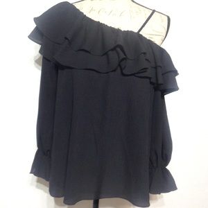 SHE + SKY ONE SHOULDER RUFFLED LONG SLEEVE TOP S